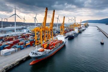 Container ship being loaded at a port with wind turbines in background