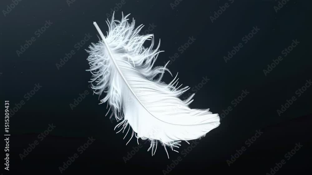 Poster elegant close-up of a white feather floating in a dark space, with soft lighting and a minimalist ae