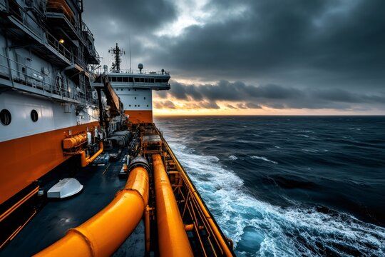 Fototapeta Cargo ship sailing on rough sea at sunset with dramatic sky