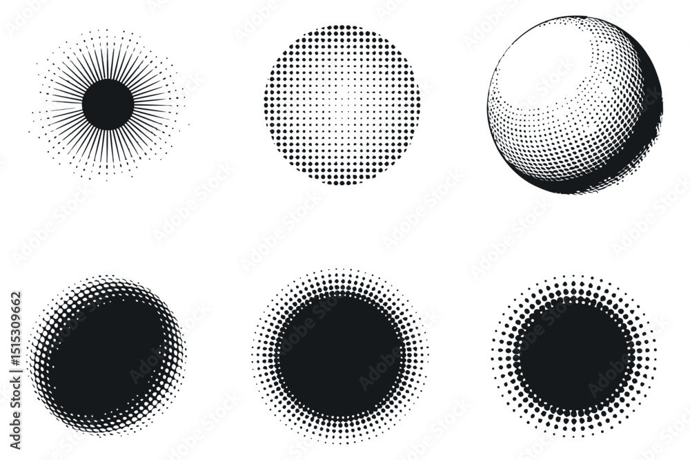 Poster collection of six black and white halftone circle designs with varying patterns and textures on a wh