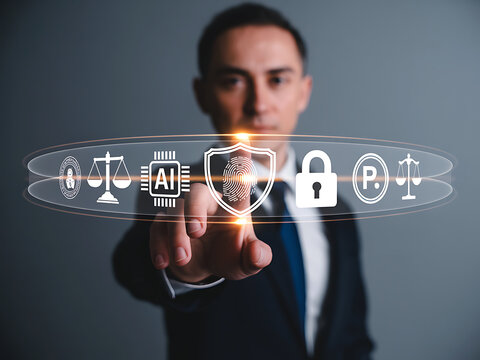 Executive pressing transparent legal-tech symbols in air showing advanced digital ID verif