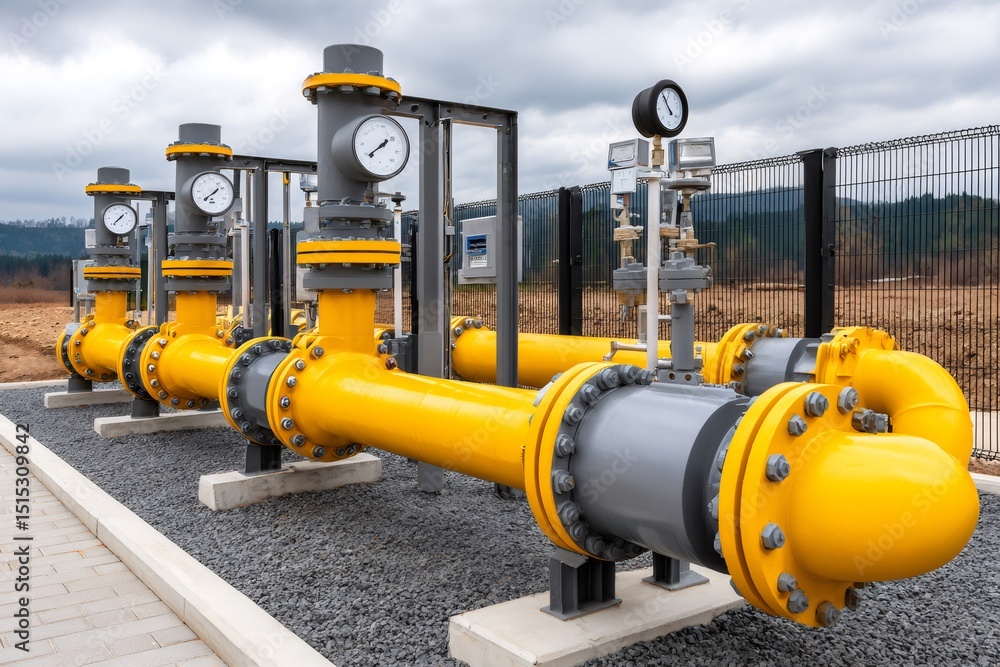 Poster gas pipeline distribution station showing pressure gauges measuring pressure