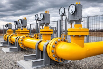 Gas pipeline distribution station showing pressure gauges measuring pressure and flow