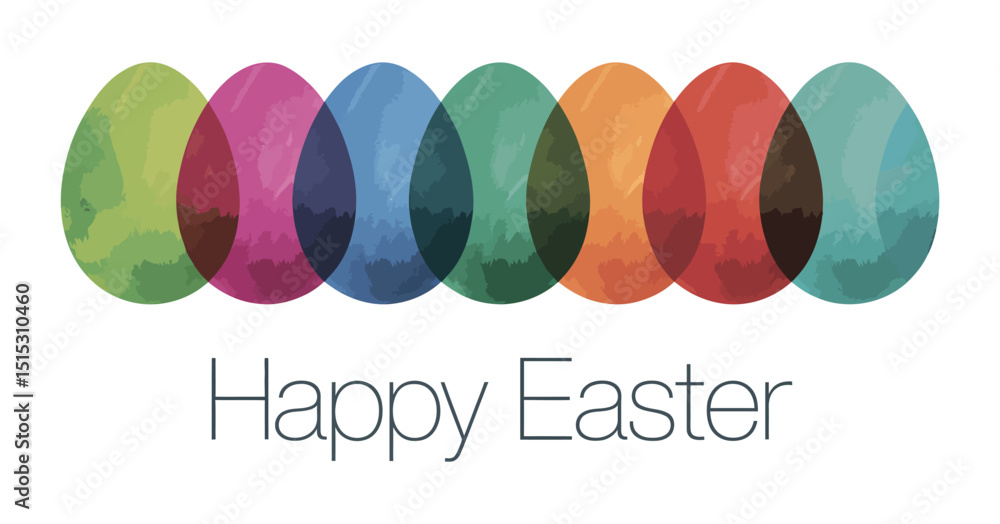 Aufkleber modern happy easter illustration with overlapping colorful eggs and simple text on a white backgroun