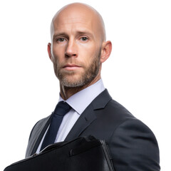 Professional White Caucasian male lawyer, elegant suit and briefcase, poised posture, determined expression, professional studio photography, isolated white background, cut-out photography s