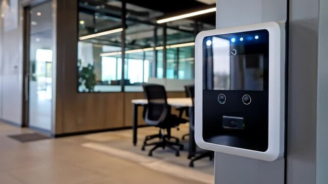 Modern biometric access control terminal mounted on a wall in an office corridor