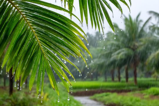 Rain falling on lush green palm leaf in tropical paradise