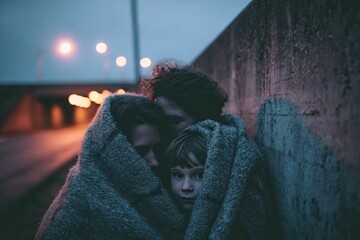 Three individuals huddle closely together under a large blanket on a cool evening near a dimly lit urban road. The mood reflects a sense of safety and togetherness amid the chill.
