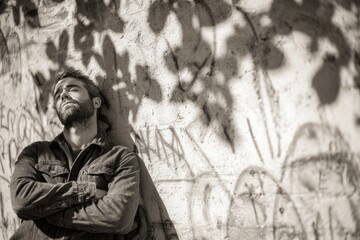 A man leans against a textured wall adorned with graffiti, arms crossed and eyes closed, as dappled sunlight filters through tree leaves, creating delicate shadows.