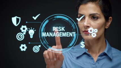 Serious woman analyzing digital risk management interface for strategic business planning and decision making - Powered by Adobe