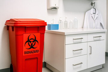 Red biohazard waste bin with bold black warning symbol placed in a sterile medical room beside white cabinets, disposable bottles, tissues, and a lab coat, representing clinical safety, waste disposal