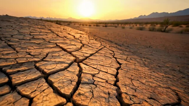 Dry cracked mud texture during golden sunset in desert landscape