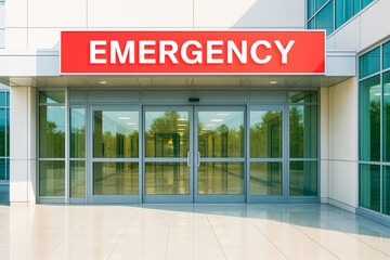 Modern hospital emergency entrance with large red sign above automatic glass sliding doors; the reflective exterior and bright surroundings suggest urgency, healthcare access, emergency preparedness