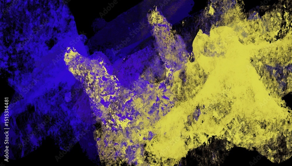 Poster vivid abstract texture of yellow and violet powder explosion on black canvas background for modern w