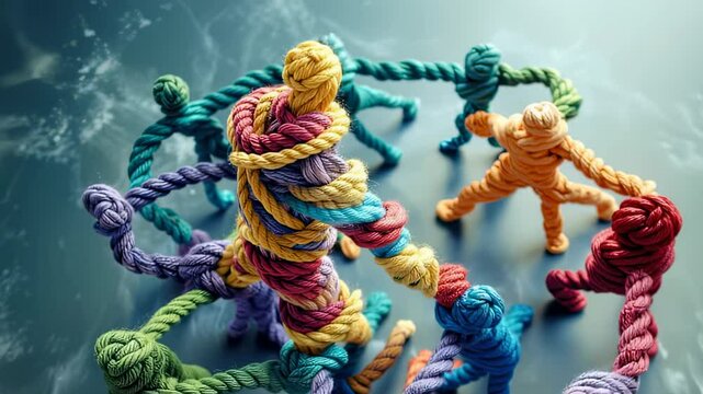 Abstract rope figures in a circle, symbolizing unity and teamwork, vibrant colors, artistic concept, close-up shot