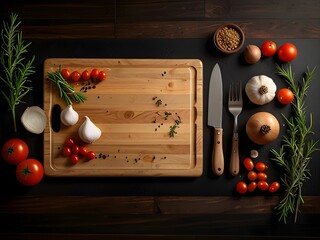 Large Wooden Cutting Board with Vegetables and Kitchen Tools