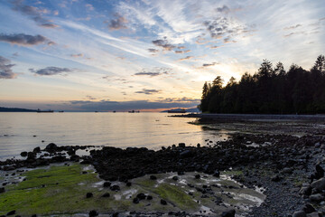 Scenic Sunset at Stanley Park Beach in Downtown Vancouver, British Columbia