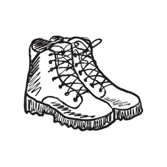 A pair of hiking boots for outdoor walking, hiking, climbing, with support and protection in black brush stroke texture isolated on white. Hand drawn vector sketch illustration in vintage charcoal ink