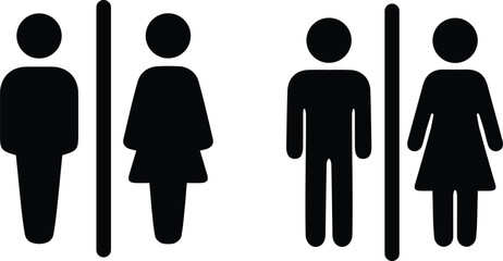 Male and female toilet signs and gender symbols in solid black for restroom identification and public signage