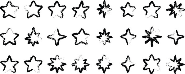 Grunge star icons set with hand-drawn rough outlines and distressed sketched shapes in various star designs