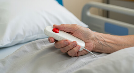 Elderly hand holding nurse call remote in hospital bed, healthcare safety