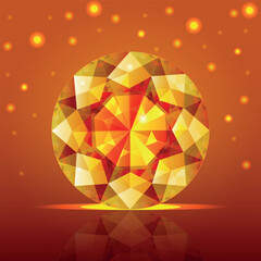 Vector illustration with a glowing yellow diamond and realistic reflection on an abstract background with sparkles. Perfect for luxury design, jewelry themes, or digital decorations.