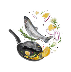Sea trout with rosemary branches and lemon slices falling into frying pan
