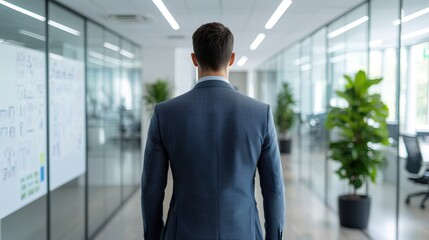 Coworking spaces, shared office and productivity, A businessman in a suit walks down a modern glass office corridor, surrounded by plants and natural light.