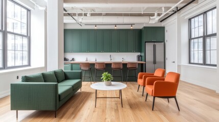 Coworking spaces, shared office and productivity, Modern open-concept kitchen and lounge with green cabinets, orange chairs, and large windows for natural light.