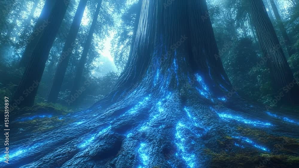Poster mystical forest scene with glowing blue roots of a giant tree, creating an ethereal and enchanting a