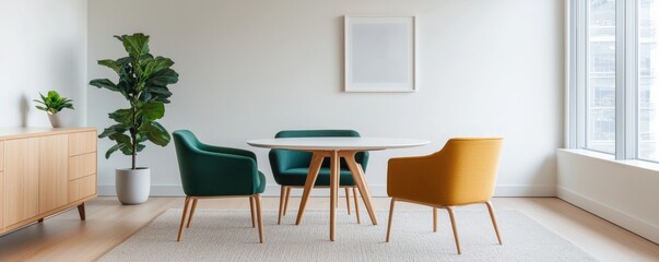 Coworking spaces, shared office and productivity, Minimalist dining area with colorful chairs, a round table, indoor plant, and natural light from large windows.