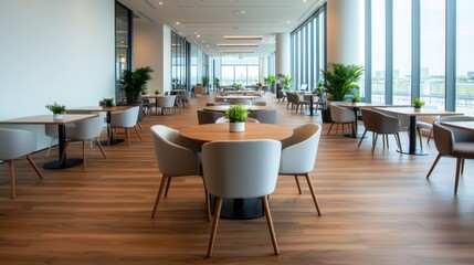 Fototapeta premium Coworking spaces, shared office and productivity, Modern, spacious dining area with large windows, wooden flooring, and stylish furniture, decorated with green plants for a fresh, inviting atmosphere.