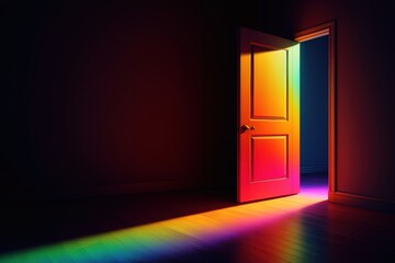 Digital illustration of a wooden wardrobe standing open in a dark room, with its interior glowing in a vibrant rainbow gradient-symbolizing the LGBTQ+ coming out concept.