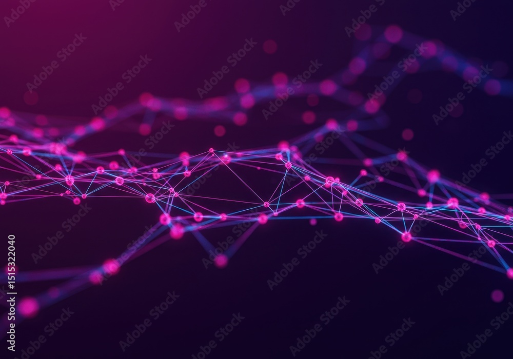 Poster abstract network connection with glowing nodes and lines in purple and pink