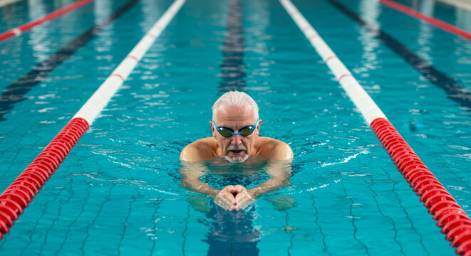 Elderly man swimming breaststroke in indoor pool, active aging and senior fitness
