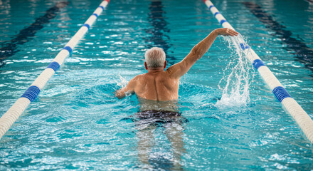 Elderly man swimming freestyle in pool, active senior fitness and endurance