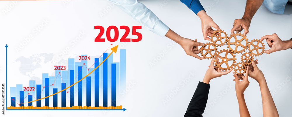 Poster This image showcases teamwork for business success with hands collaborating around a gear structure, accompanied by a growth chart projecting future metrics up to 2025. Amity