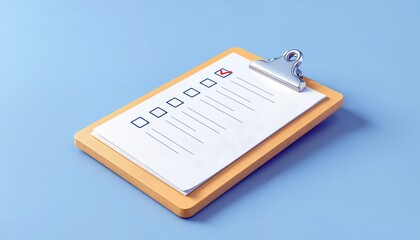 Clipboard with Checklist: A detailed shot of a wooden clipboard holding a checklist with one item checked off, against a serene blue backdrop. It embodies organization and task completion.