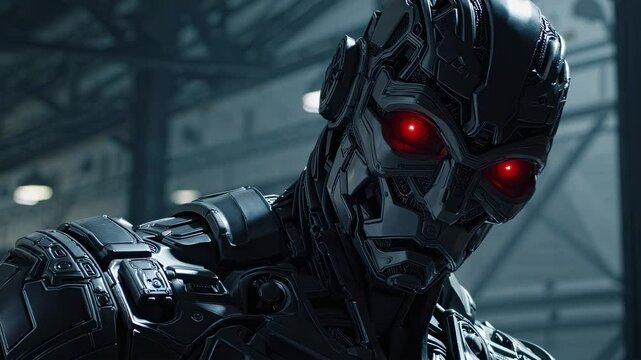 Close up sinister robot face glowing red eyes dark metallic texture industrial background future tech ai artificial intelligence cyborg android threat control war power killer