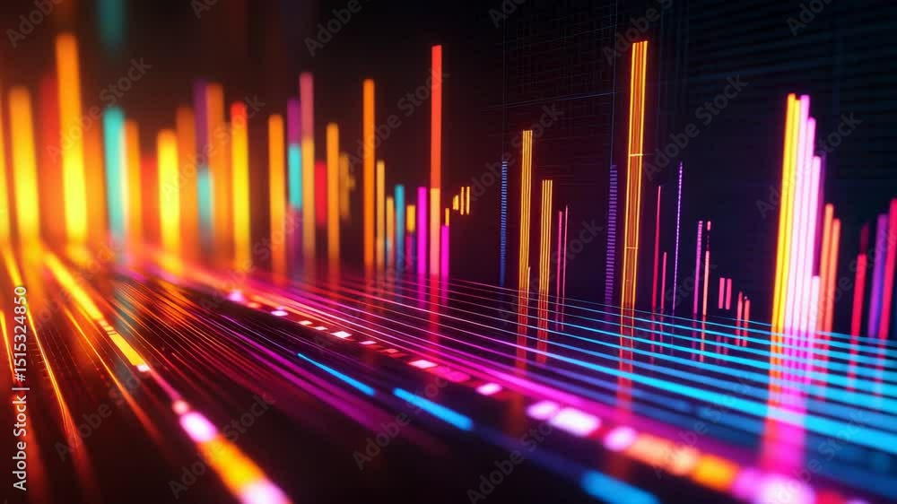 Poster colorful neon bar graphs and lines representing digital data analysis on a futuristic, glowing grid 