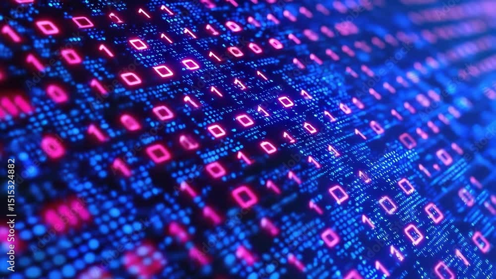 Poster A vibrant digital display with glowing binary code in pink and blue, symbolizing data and computer technology.