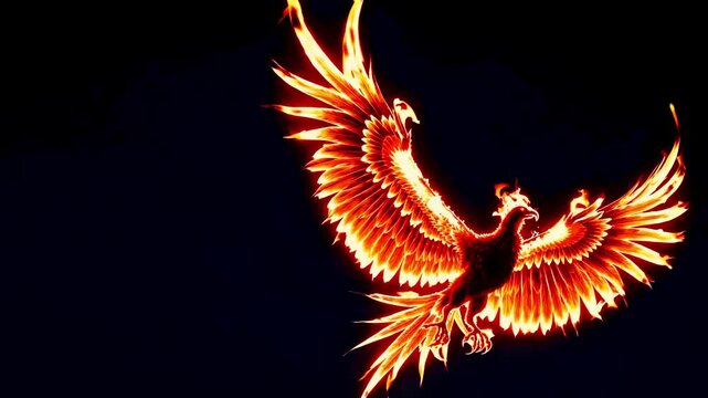 Flying fiery phoenix bird dynamic motion wings outstretched fire flames takes off black background symbol rising freedom breaking free energy escaping darkness magic