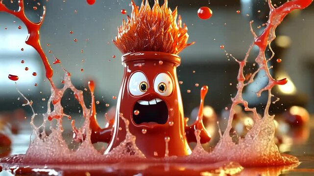 Angry ketchup bottle explodes in a fiery splash