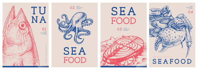 Set of modern magazine covers or posters with tuna, octopus, salmon and crab. Restaurant seafood menu design. Vector illustration