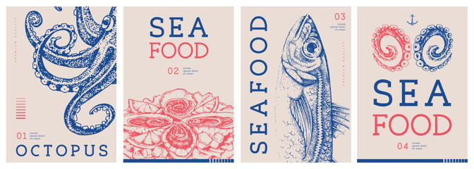 Set of modern magazine covers or posters with tuna, oysters salmon and jack mackerel. Restaurant seafood menu design. Vector illustration