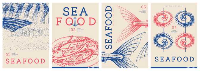 Set of modern magazine covers or posters with fried fish, scomber and octopus. Restaurant seafood menu design. Vector illustration