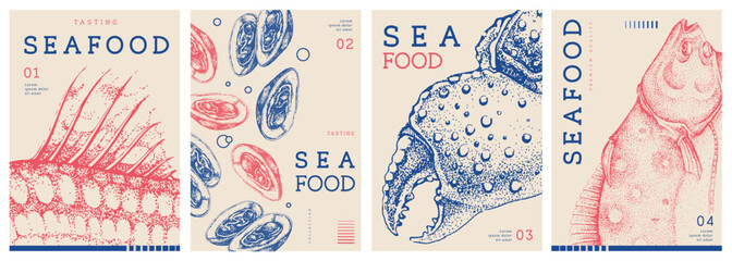 Set of modern magazine covers or posters with mussels, crab claw and flatfish. Restaurant seafood menu design. Vector illustration © annbozhko