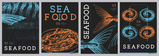Set of modern magazine covers or posters with fried fish, scomber and octopus. Restaurant seafood menu design. Vector illustration