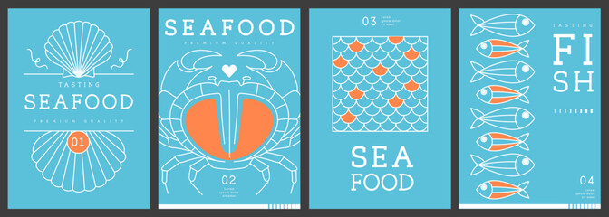 Set of modern magazine covers or posters with line art seafood. Restaurant seafood menu design. Vector illustration © annbozhko