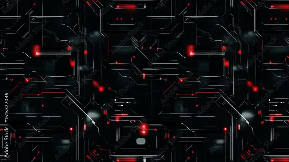 Poster seamless loop of futuristic black cyber circuit patterns with glowing red lights.